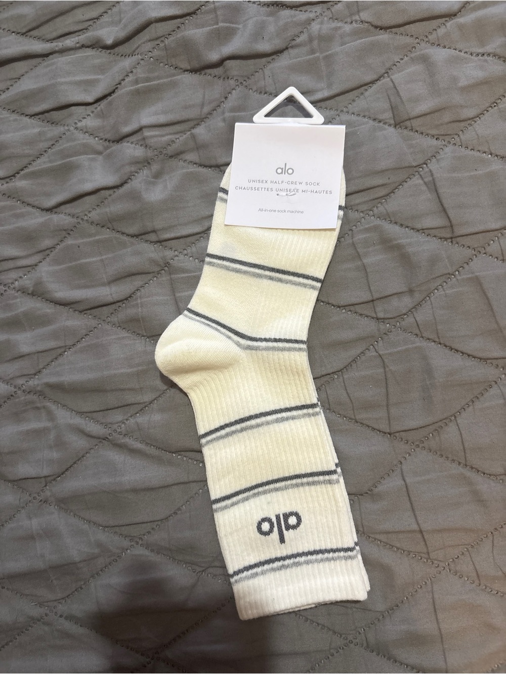 ALO Yoga Cream and Gray Striped Crew Socks